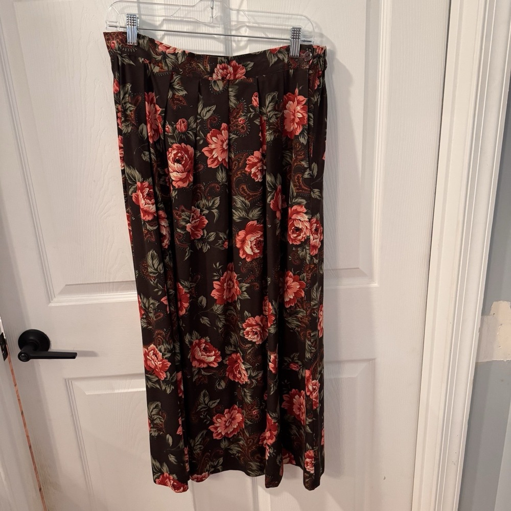 Worthington Size 14 Women's Zip Side Skirt Floral Pleated Brown Pink Made in USA